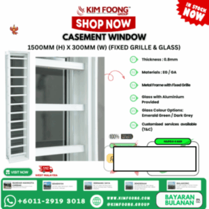 Casement Window 1500MM(H) x 300MM(W) [Fixed Grille & Glass] [EASY INSTALL]